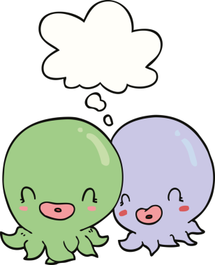 Bir insan tarafından çizilmiş iki çizgi film ahtapotu.