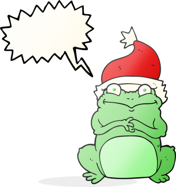 Bir insan tarafından çizilmiş Noel şapkası takan serbest konuşma balonu kurbağa.