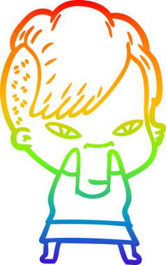 Gökkuşağı gradyan çizimi. Hipster saç kesimi bir insan tarafından çizilmiş şirin bir çizgi film kızı.