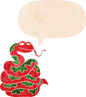 Bir insan tarafından çizilmiş grunge dertli retro tarzı konuşma baloncuğu ile çizgi film yılanı