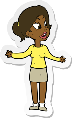 Çizgi film çıkartması. Güzel bir kadın. Bir insan tarafından çizilmiş bir şeyi açıklıyor.