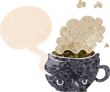 Tatlı çizgi film kahve fincanı, konuşma baloncuğu, grunge, sıkıntılı retro tarzı bir insan tarafından çizilmiş.