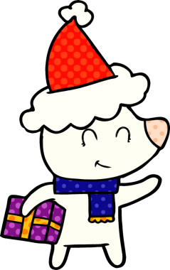 Noel hediyesi olan dişi kutup ayısı bir insan tarafından çizilmiş Noel Baba şapkası giyiyor.