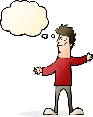 Bir insan tarafından çizilmiş düşünce balonlu mutlu adam çizgi filmi.