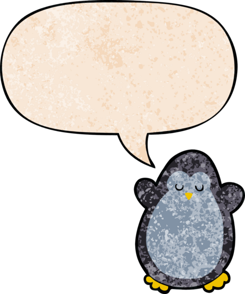 Konuşma baloncuğu olan karikatür pengueni insan tarafından çizilmiş.