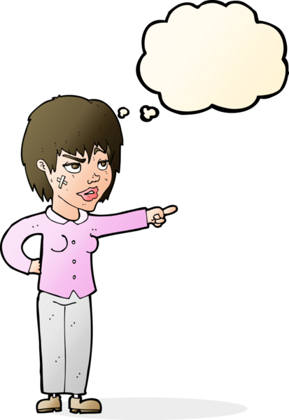 Bir insan tarafından çizilmiş düşünce balonuyla işaret eden çizgi film kadını.