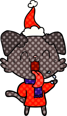 Bir insan tarafından çizilmiş Noel Baba şapkası giyen nefes nefese bir köpeğin el çizimi çizgi roman çizimi.