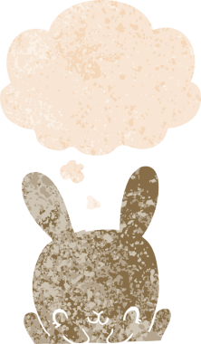 Düşünce baloncuklu çizgi film tavşanı grunge dertli eski moda bir insan tarafından çizilmiş.