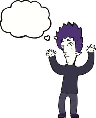 Bir insan tarafından çizilmiş düşünce baloncuğuyla pes eden vampir çizgi filmi.