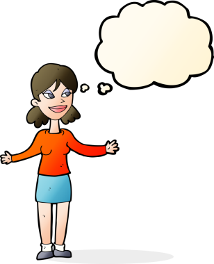 Bir insan tarafından çizilmiş düşünce kabarcığıyla omuz silken mutlu bir kadın çizgi filmi.