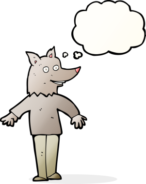 Bir insan tarafından çizilmiş düşünce baloncuğu olan mutlu bir kurt adam.