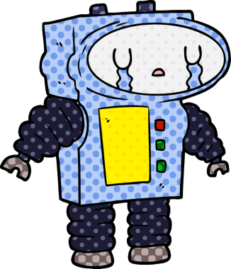 Bir insan tarafından çizilmiş ağlayan robot çizgi film.