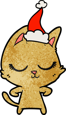 Sakin bir el çizimi, bir insan tarafından çizilmiş Noel Baba şapkası takan bir kedinin çizimi.