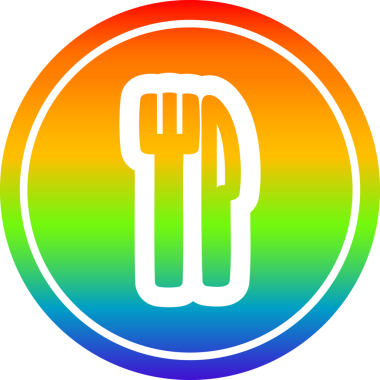 bıçak ve çatal dairesel ikonu gökkuşağı gradyan bir insan tarafından çizilmiş