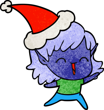 Bir insan tarafından çizilmiş Noel Baba şapkası giymiş elf bir kızın el çizimi karikatürü.