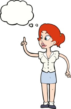 Bir insan tarafından çizilmiş düşünce baloncuğuyla harika bir fikri olan çizgi film kadını.