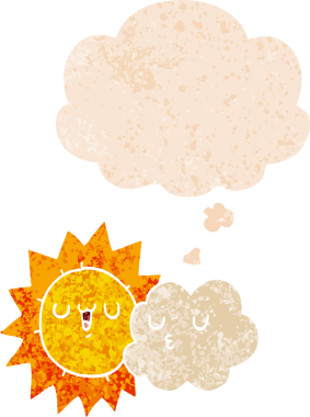 Düşünce baloncuklu karikatür güneş ve bulut grunge sıkıntılı retro dokuma tarzı bir insan tarafından çizilmiş