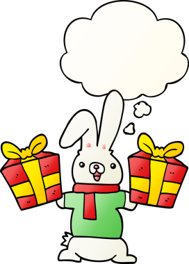 Noel hediyeli çizgi film tavşanı bir insan tarafından çizilmiş yumuşak eğimli düşünce baloncuğu sunar.