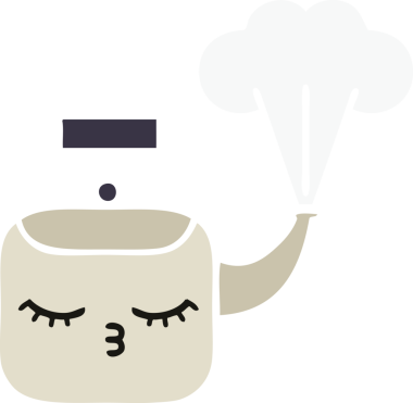 Bir insan tarafından çizilen dumanı tüten bir çaydanlığın düz renkli retro karikatürü