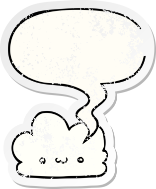 Konuşma baloncuğu olan sevimli çizgi film bulutu bir insan tarafından çizilmiş sıkıntılı eski bir çıkartma