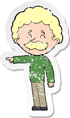 Bir insan tarafından çizilmiş bıyıklı bir çizgi film karakterinin gerilemiş retro yapıştırması.