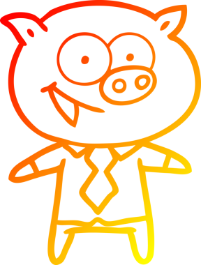 Bir insan tarafından çizilmiş ofis kıyafetleri içinde neşeli bir domuzun sıcak çizgi çizimi