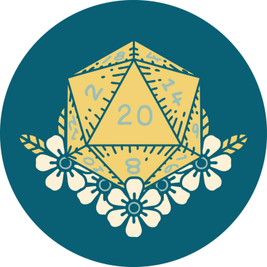 Retro Dövme Biçimi Doğal 20 D20 zar bir insan tarafından çizilmiş çiçek elementleriyle