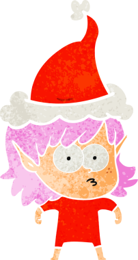 Bir insan tarafından çizilmiş Noel Baba şapkası giymiş bir elf kızının el çizimi karikatürü.