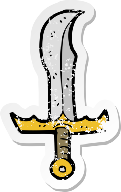 Bir insanın çizdiği karikatür kılıcının gerilimli retro çıkartması