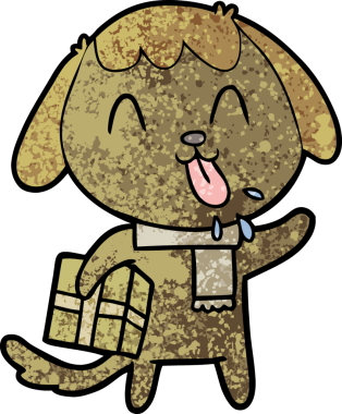 Bir insan tarafından çizilmiş Noel hediyesi olan sevimli bir çizgi film köpeği.