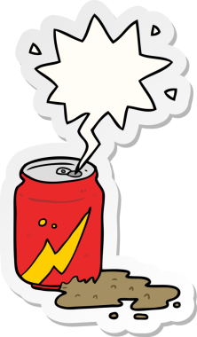 Bir insan tarafından çizilmiş konuşma balonu çıkartmalı bir soda kutusu.