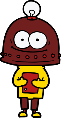 Bir insan tarafından çizilmiş ampullü mutlu karton robot.