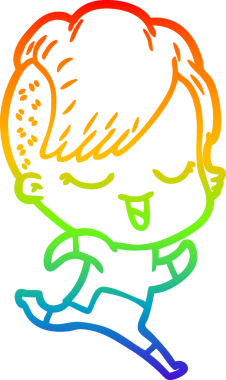 Gökkuşağı gradyan çizgisi mutlu bir çizgi film kızı bir insan tarafından çizilmiş fütüristik giysiler içinde