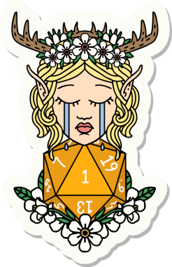 Ağlayan bir Elf Druid karakterinin çıkartması. İnsan tarafından çizilmiş doğal bir D20 ruloyla.