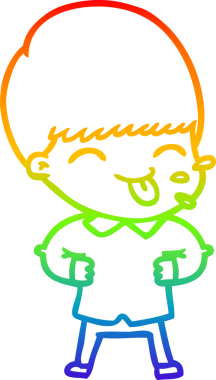 Gökkuşağı gradyan çizgi çizimi bir insan tarafından çizilmiş dili dışarı çıkaran bir çizgi çocuk.