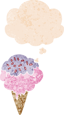 Düşünce baloncuklu çizgi film dondurması grunge sıkıntılı retro desenli bir insan tarafından çizilmiş