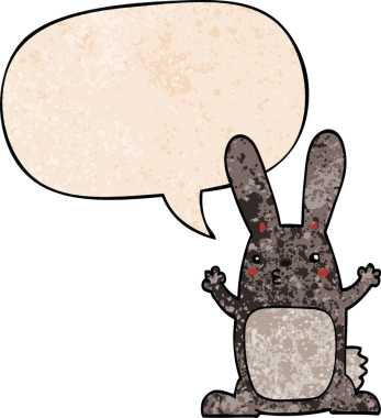Konuşma baloncuklu çizgi film tavşanı insan tarafından çizilmiş.