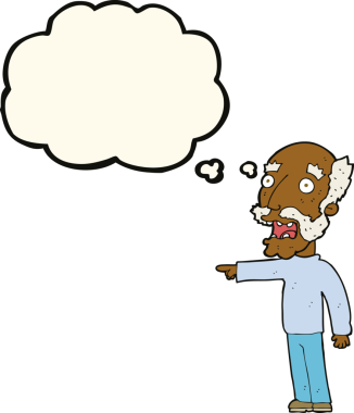 Bir insan tarafından çizilmiş düşünce baloncuğuyla işaret eden korkmuş yaşlı bir adam.