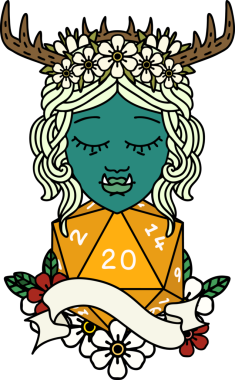 Retro Dövme Biçimi Yarı Ork Druid karakteri Bir insan tarafından çizilmiş doğal 20 zar ile