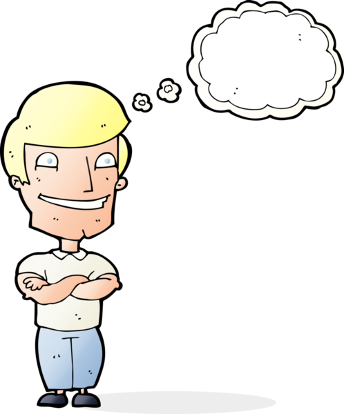 Bir insan tarafından çizilmiş düşünce baloncuğu ile sırıtan çizgi film adamı.