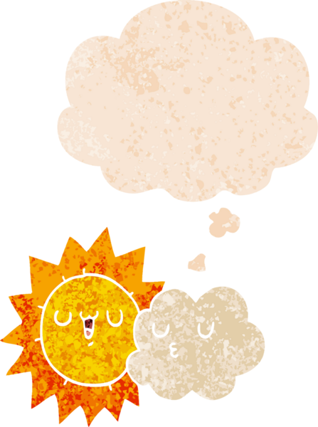 Düşünce baloncuklu karikatür güneş ve bulut grunge sıkıntılı retro dokuma tarzı bir insan tarafından çizilmiş