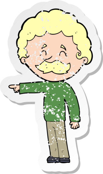 Bir insan tarafından çizilmiş bıyıklı bir çizgi film karakterinin gerilemiş retro yapıştırması.