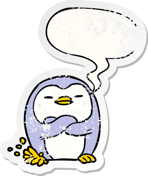 Karikatür penguen ayağı konuşma baloncuğuyla vuruyor. Bir insan tarafından çizilmiş sıkıntılı eski bir çıkartma.