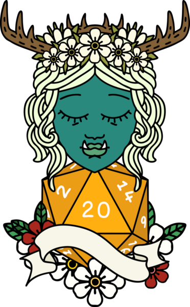 Retro Dövme Biçimi Yarı Ork Druid karakteri Bir insan tarafından çizilmiş doğal 20 zar ile