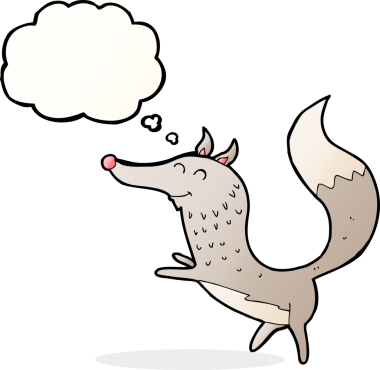 Bir insan tarafından çizilmiş düşünce balonlu mutlu kurt çizgi filmi.