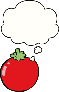 Bir insan tarafından çizilmiş düşünce baloncuklu domates.