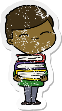 Bir insan tarafından çizilmiş kitap yığınıyla gülümseyen bir çizgi film karakterinin sıkıntılı çıkartması.