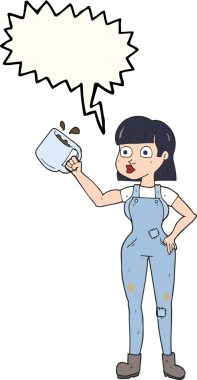 Bir insan tarafından çizilmiş kahve fincanı ile serbest konuşma balonu çizilmiş kadın işçi.