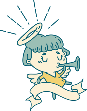 Bir insan tarafından çizilmiş dövmeli bir melek trompeti.