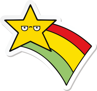 Bir insan tarafından çizilmiş gökkuşağı yıldızı resimli şirin bir çizgi film çıkartması.